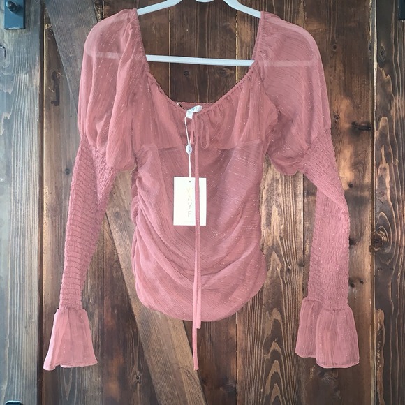 Wayf Tops - Wayf Women's Blouse S Rust Back Sleeves Ruching LS Bell Gold Thread Accents NWT
